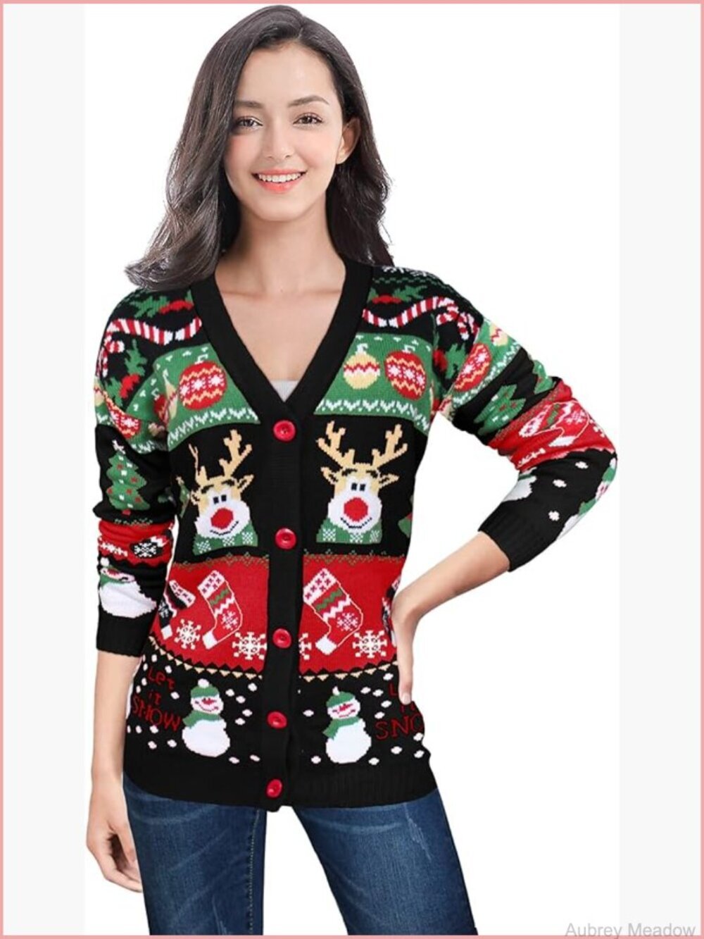 Ugly Christmas Sweater Cardigan Reindeer Knit Women Funny Merry Xmas